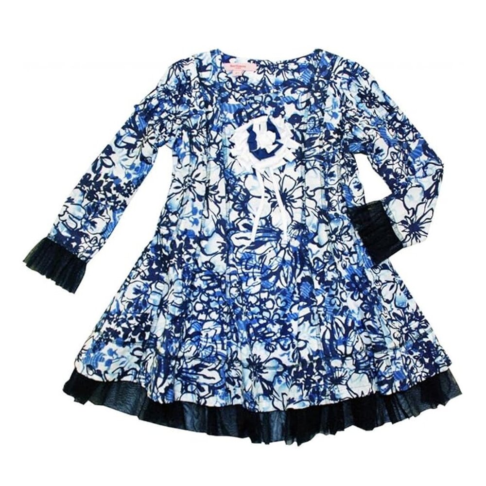 NWT Long Sleeve Blue/White Floral Print & Tulle Trim Dress -Girls Sizes 5, 6, 6X